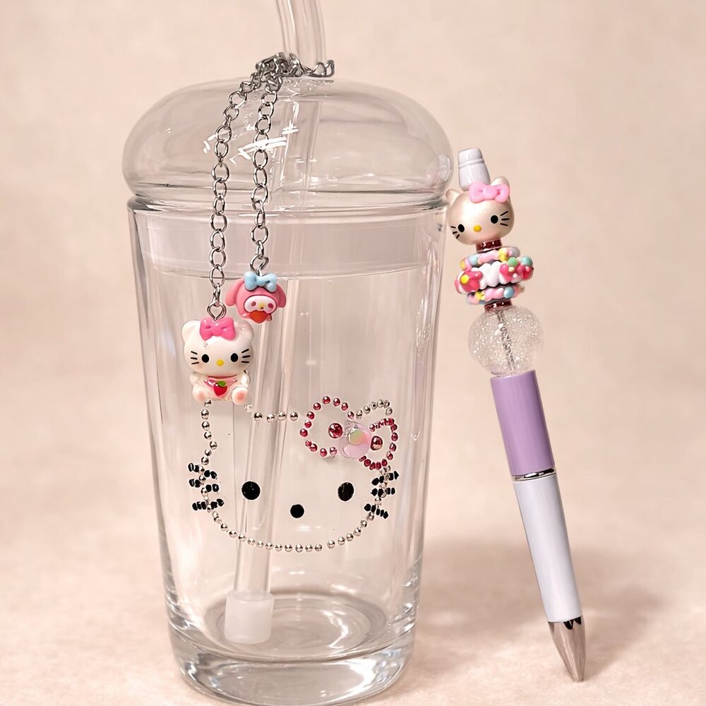 Hello Kitty Kawaii Gift Set – Rhinestone Tumbler & Beaded Pen + Refill Included